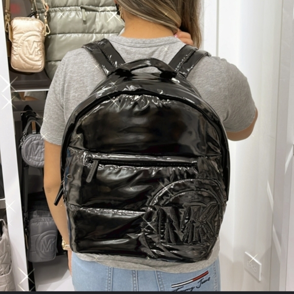 MICHAEL KORS Rae Medium Quilted Shiny Black Metallic Cotton Blend Backpack - Picture 2 of 9
